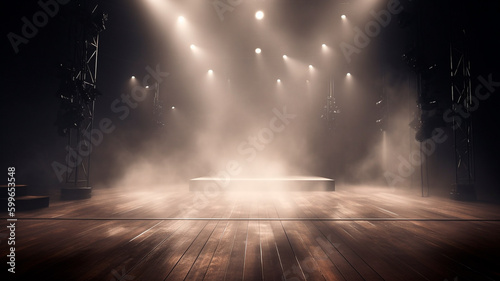 immerse yourself in an ethereal world: empty dark stage transformed with mist, fog, and brown spotlights, perfect for showcasing artistic works and products. Generative AI