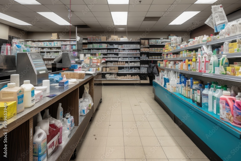 cleaning supplies aisle in grocery store, with bottles of cleaner, paper towels, and other essentials nearby, created with generative ai