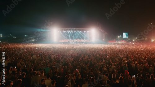 People crowd celebrating music festival concert in stadium. Generative AI © Aram