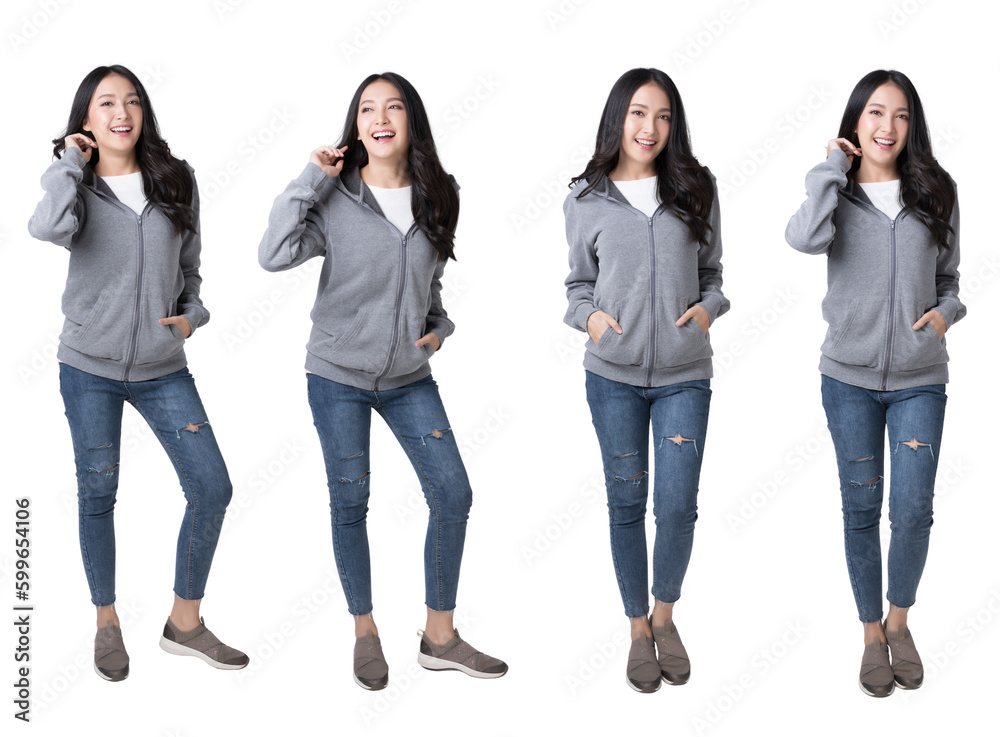 Obraz premium Full length portrait of young beautiful Asian woman in hoodie sweatshirt and blue jeans isolated over white background
