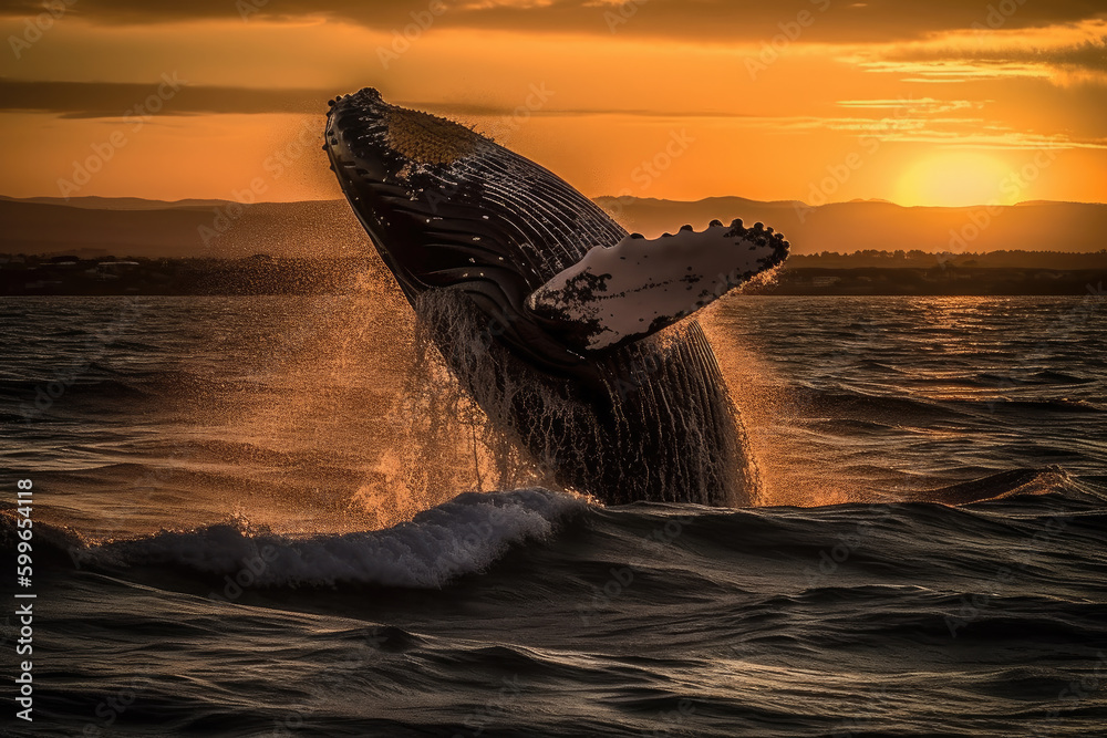 Fototapeta premium A whale jumping in the ocean at sunset. Composite with different elements made with generative AI