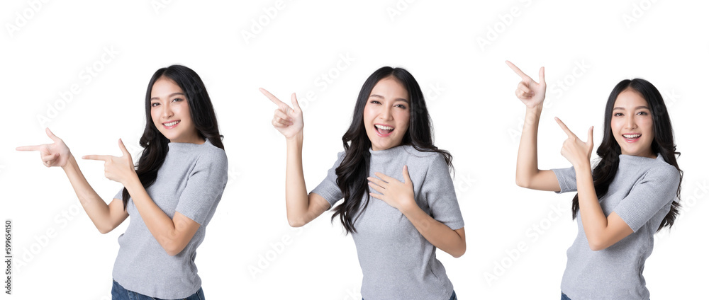 Young Asian woman pointing fingers to empty space Isolate die cut on transparent background - obrazy, fototapety, plakaty 