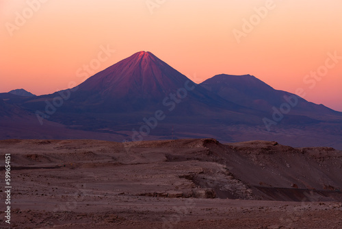 Licancabur volcano and and altiplano at dusk in the Atacama Desert, Chile
