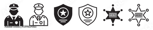 Set of police badge. Policeman officer avatar, sheriff, shield and officer star, sheriff medal, sheriff star. Law enforcement, uniform, police staff. Vector.