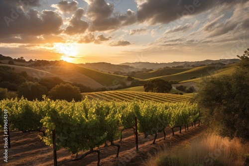 vineyard with rolling hills and sun-kissed skies, created with generative ai