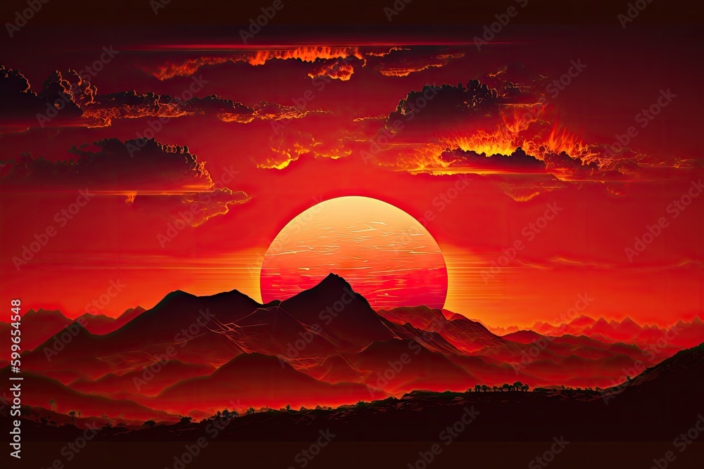 beautiful sunset, with the sun turning the sky into a fiery palette of red and orange, against the silhouette of mountains in the horizon, created with generative ai beautiful sunset, with the sun turning the sky into a fiery palette of red and orange, against the silhouette of mountains in the horizon, created with generative ai