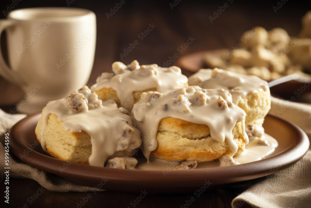 American biscuits from scratch covered with thick white sausage gravy. American biscuits from scratch covered with thick white sausage gravy.