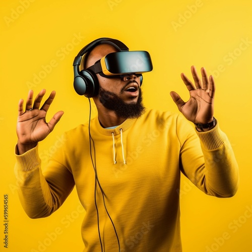 Young african man wearing VR glasses. Created with Generative AI technology