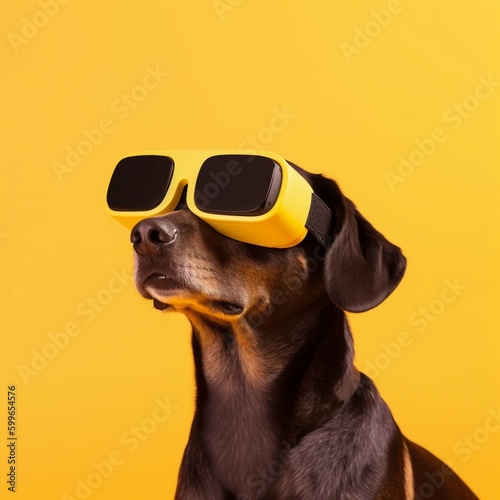 Cute dog wearing VR glasses. Illustration isolated on yellow background. AI technology © Mariia