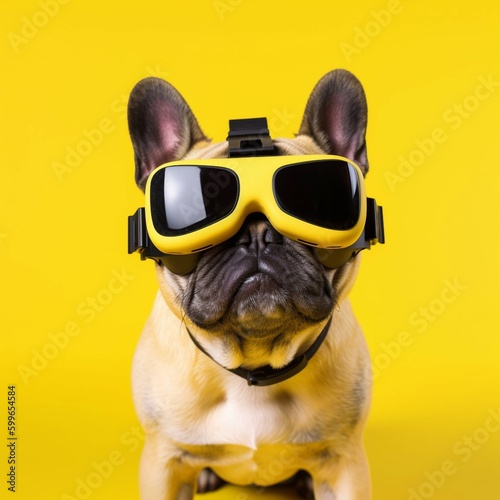 French Bulldog wearing VR glasses. Illustration isolated on yellow background. AI technology  © Mariia
