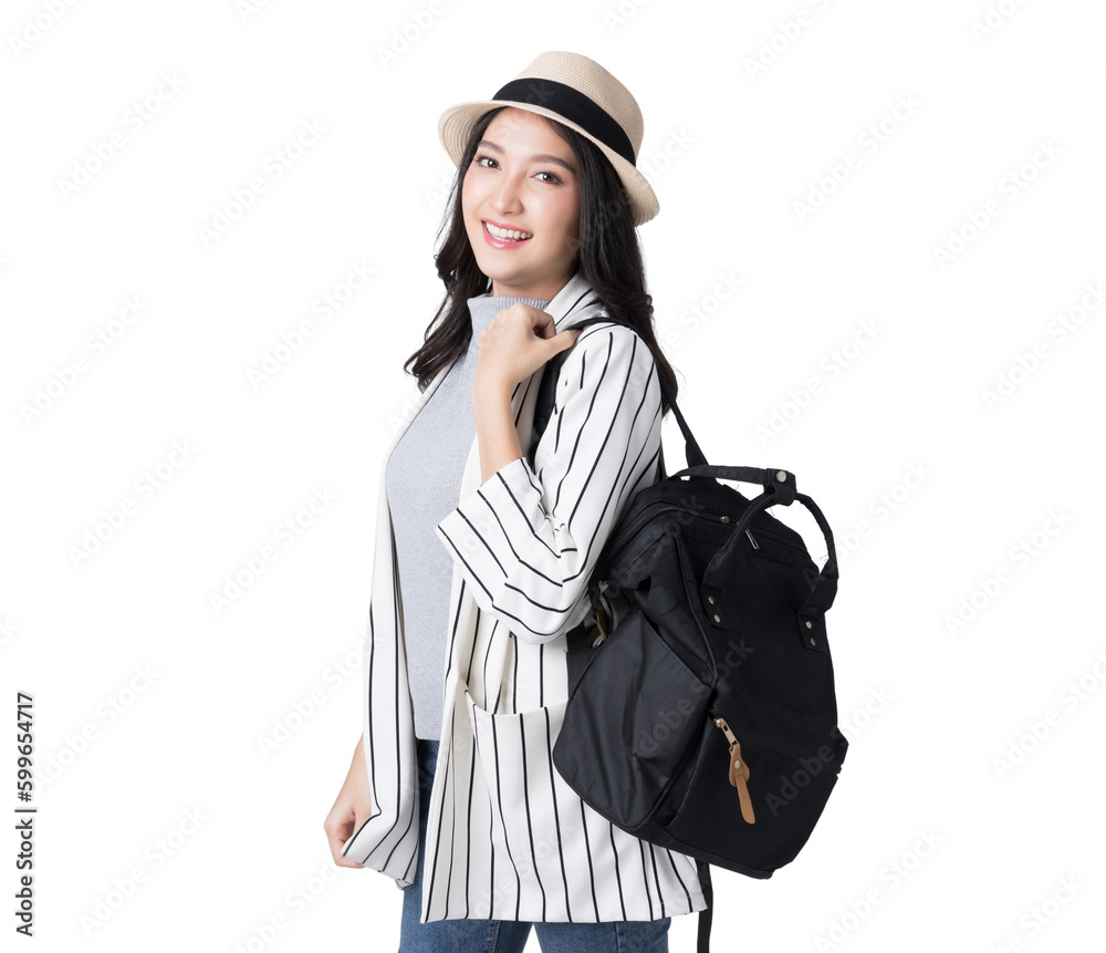 Young Asian woman in sun hat and hanging backpack, travel concept Isolate die cut on transparent background Young Asian woman in sun hat and hanging backpack, travel concept Isolate die cut on transparent background