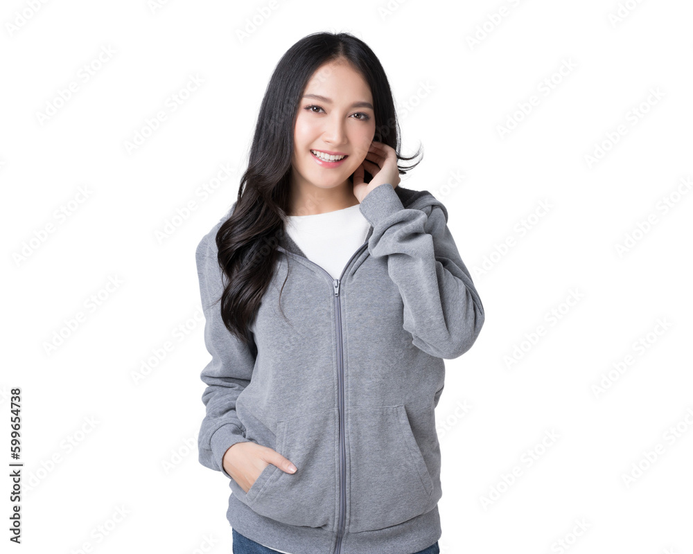 Portrait beautiful Asian woman in hoodie sweatshirt and blue jeans Isolate die cut on transparent background Portrait beautiful Asian woman in hoodie sweatshirt and blue jeans Isolate die cut on transparent background