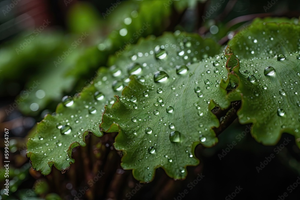 close-up of lush garden, with dew droplets on the leaves, created with generative ai
