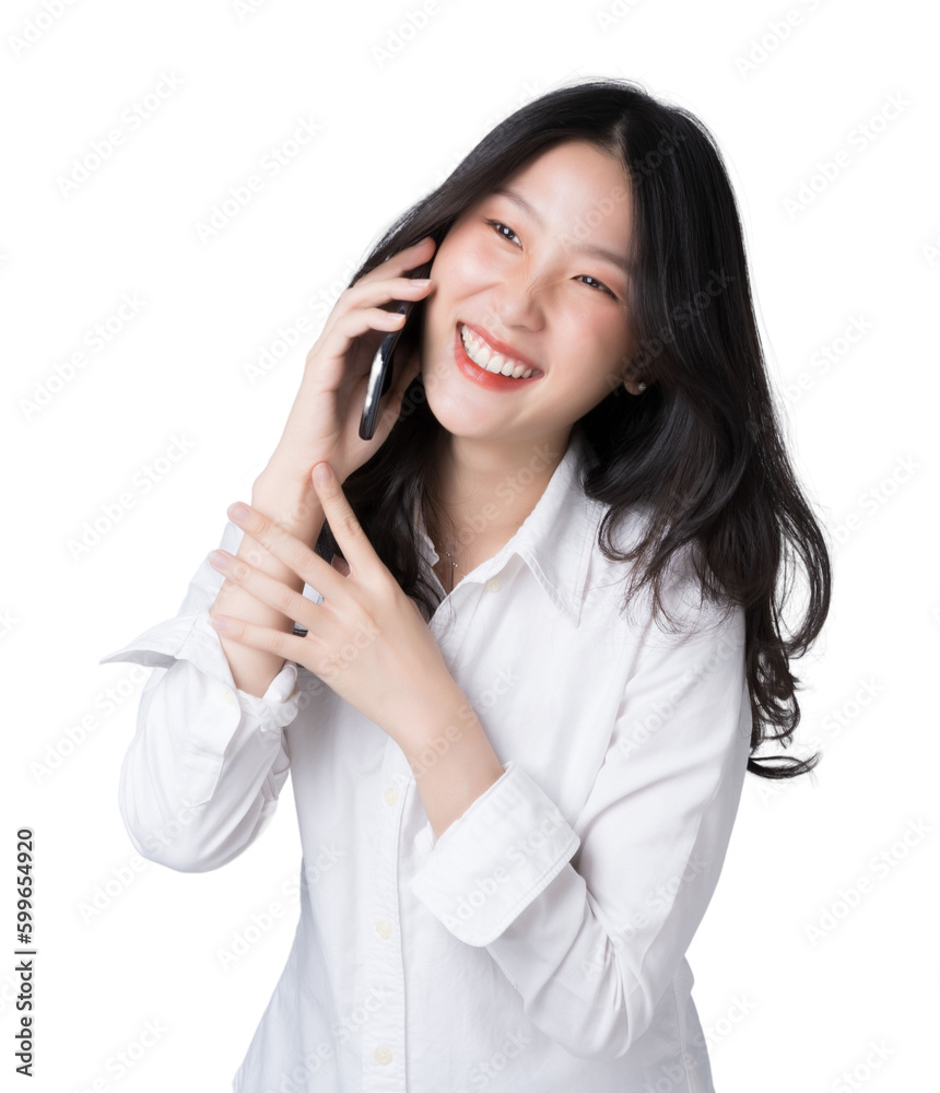 Yoing Asian woman talking on the phone holds cellphone making answering call Isolate die cut on transparent background Yoing Asian woman talking on the phone holds cellphone making answering call Isolate die cut on transparent background