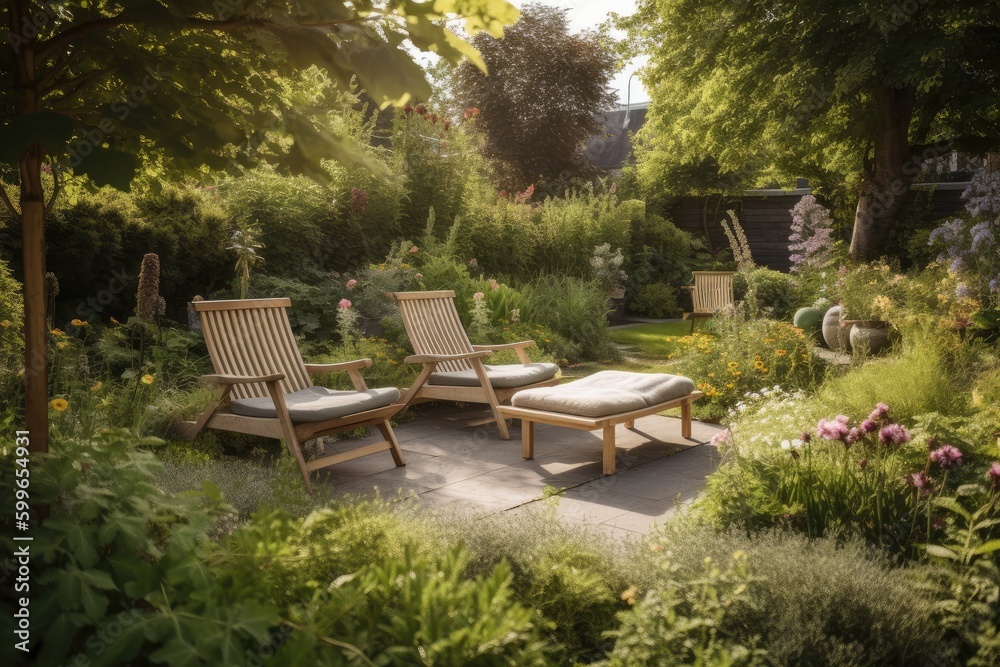 a serene garden setting with comfortable lounge chairs and a bench, created with generative ai