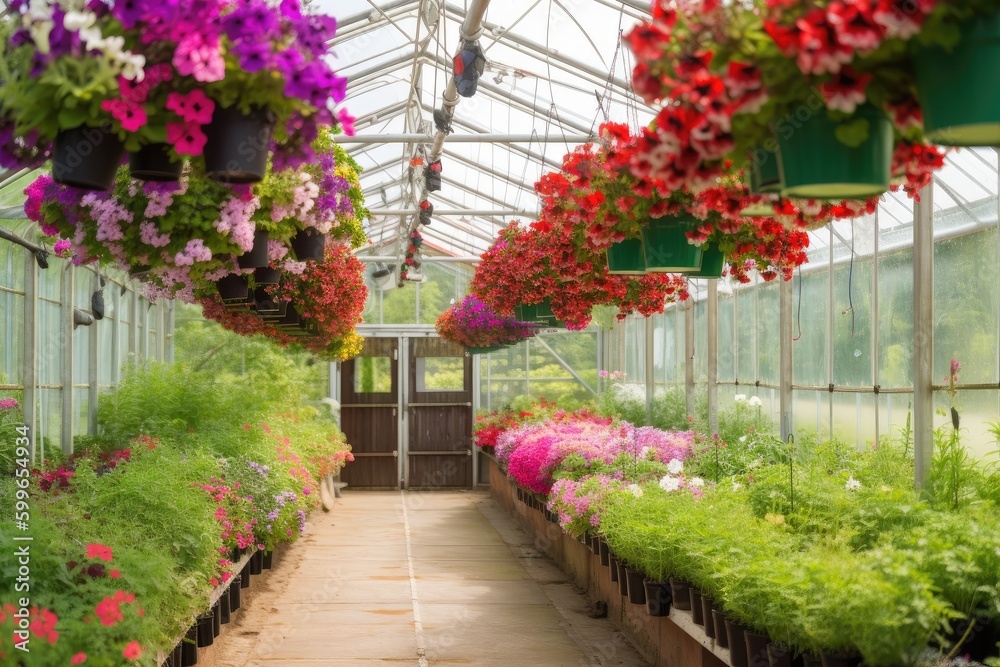 a greenhouse with hanging baskets of beautiful flowers, created with generative ai