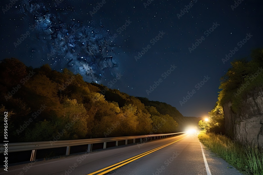 scenic highway at night, with the moon shining overhead and stars twinkling in the sky, created with generative ai