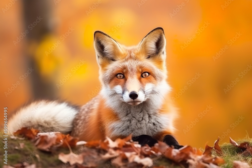 Close-up of a red fox in an autumn forest. Beautiful red fox portrait.