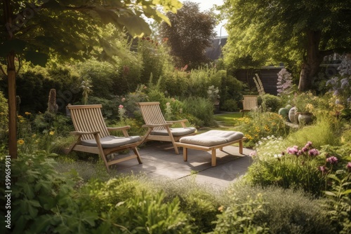 a serene garden setting with comfortable lounge chairs and a bench, created with generative ai