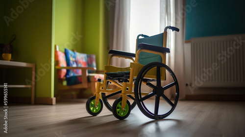 Empty wheelchair in childrens bedroom, AI Generative photo