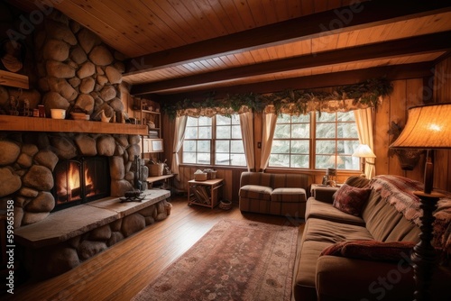 cozy cabin retreat with fireplace, warm and inviting on a chilly day, created with generative ai