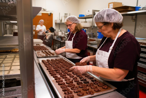 A Group Of Workers In A Factory Working On Chocolate Bars. Generative AI