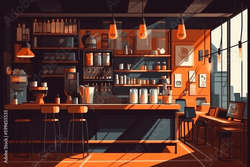 Empty cafe interior. Flat design vector illustration. Generative AI © AIproduction