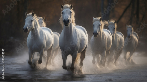 A white horses runs across the river. Generative AI