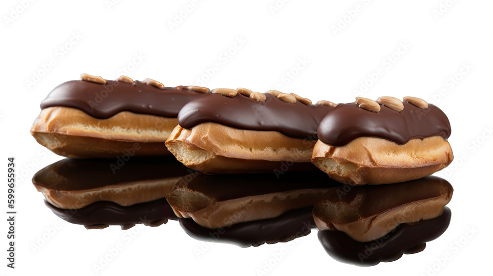 isolated Eclairs, cream-filled, chocolate frosting, chocolate dipped and drizzled, Food-themed, photorealistic illustrations on a transparent background cutout in PNG. Generative AI isolated Eclairs, cream-filled, chocolate frosting, chocolate dipped and drizzled, Food-themed, photorealistic illustrations on a transparent background cutout in PNG. Generative AI
