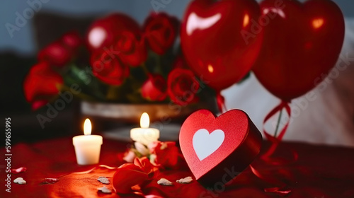 Marry me concept, wedding, engagement ring with red candles, roses bouquet, heart shaped air balloon. Happy st. valentines day concept. AI Generative