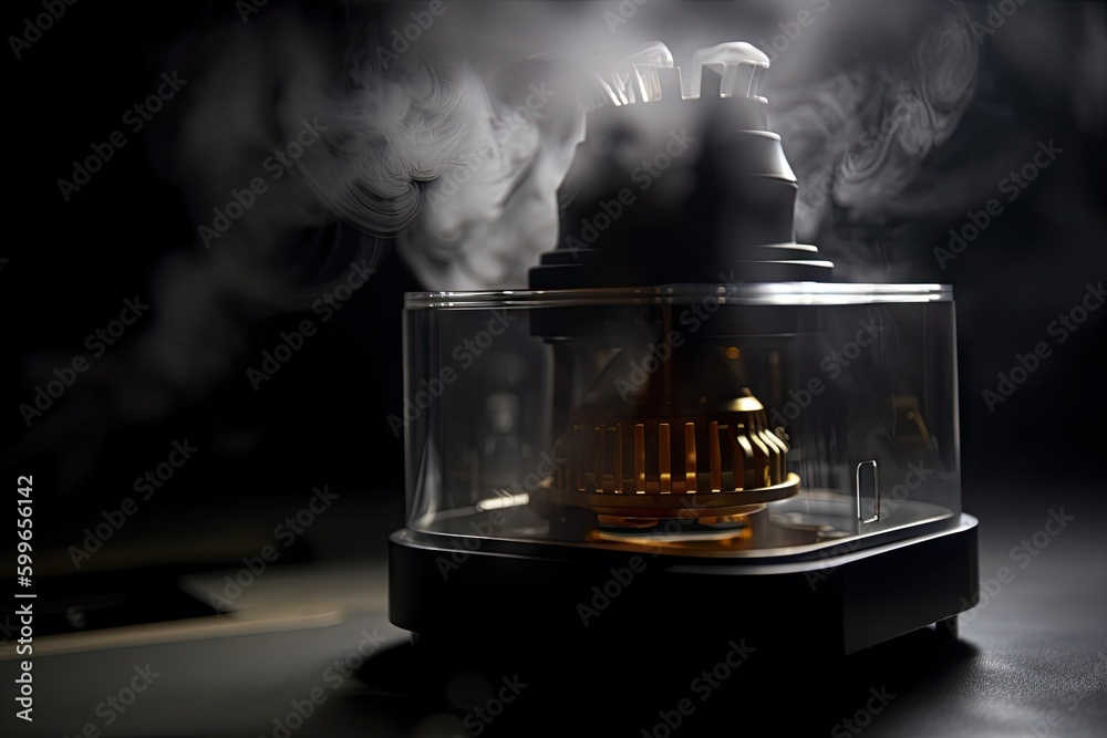 close-up of vaporizer, with smoke swirling from the heated chamber, created with generative ai