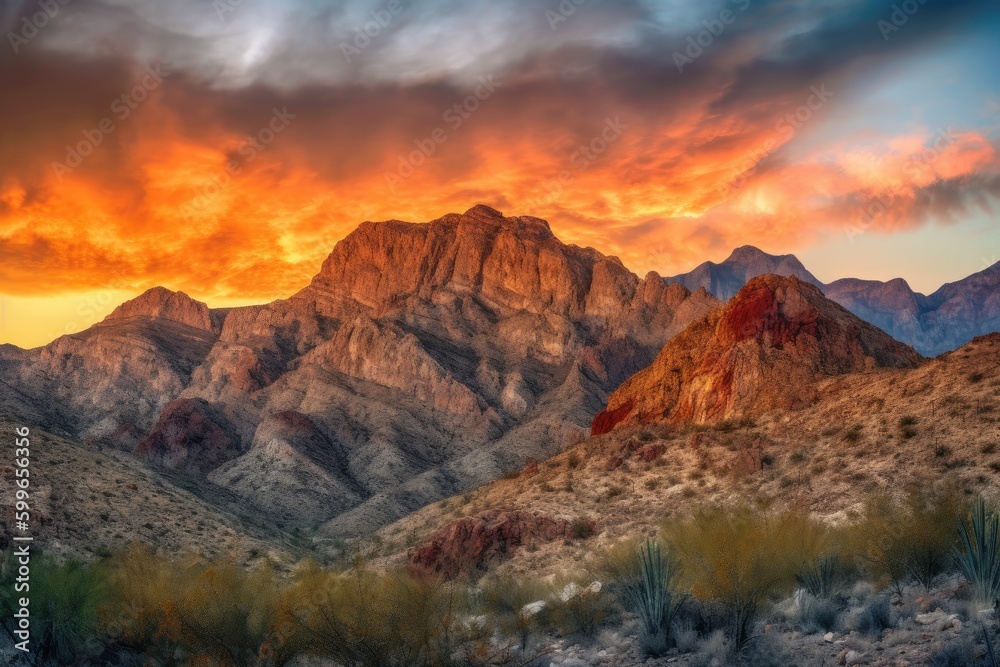 majestic mountain range standing guard over fiery canyon sunset, created with generative ai