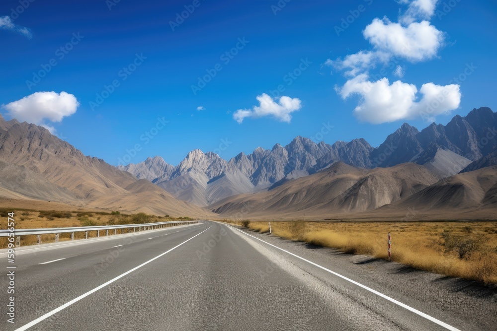 scenic highway with dramatic mountain range in the background, created with generative ai