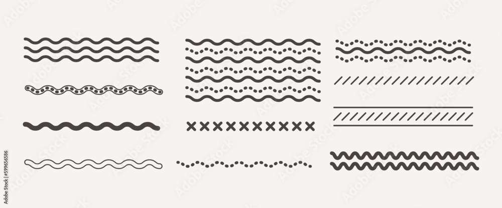 Doodle straight curve and geometric line collection. Set of scribble divider line border. Vector illustration