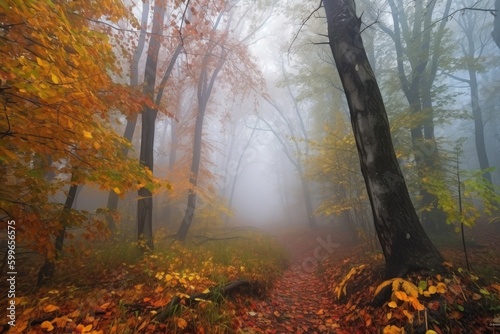 misty autumn morning in the forest  with mist rising among the trees  created with generative ai