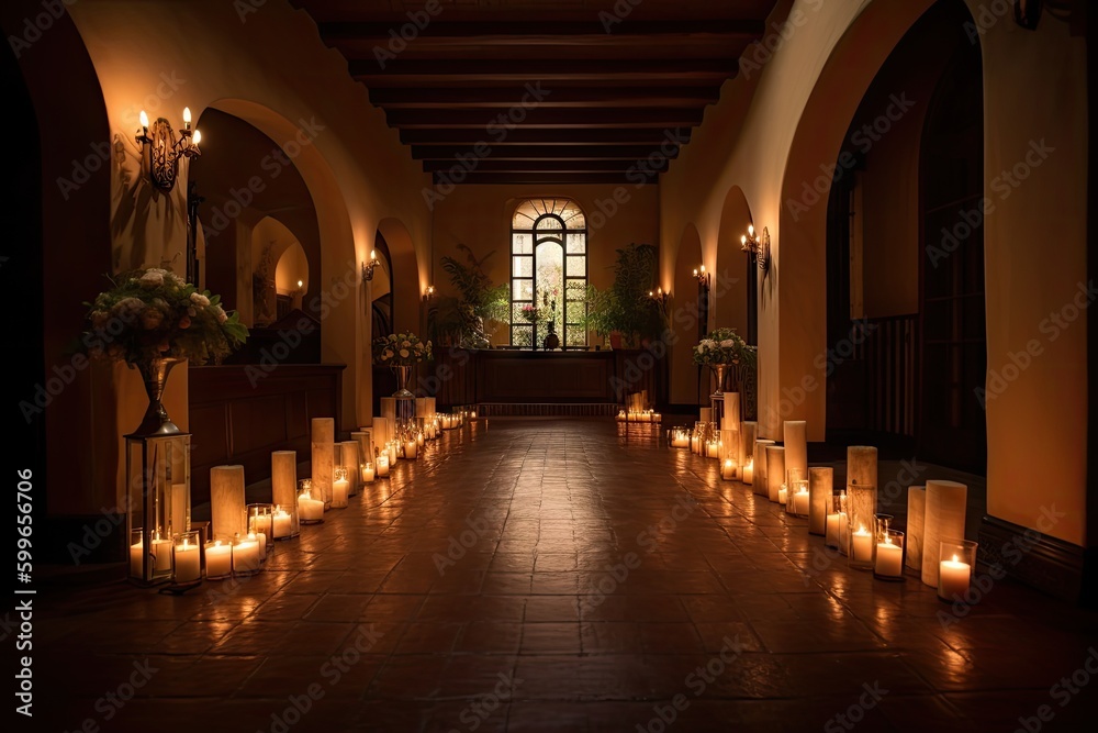ceremony venue, with low light and candles creating a romantic atmosphere, created with generative ai