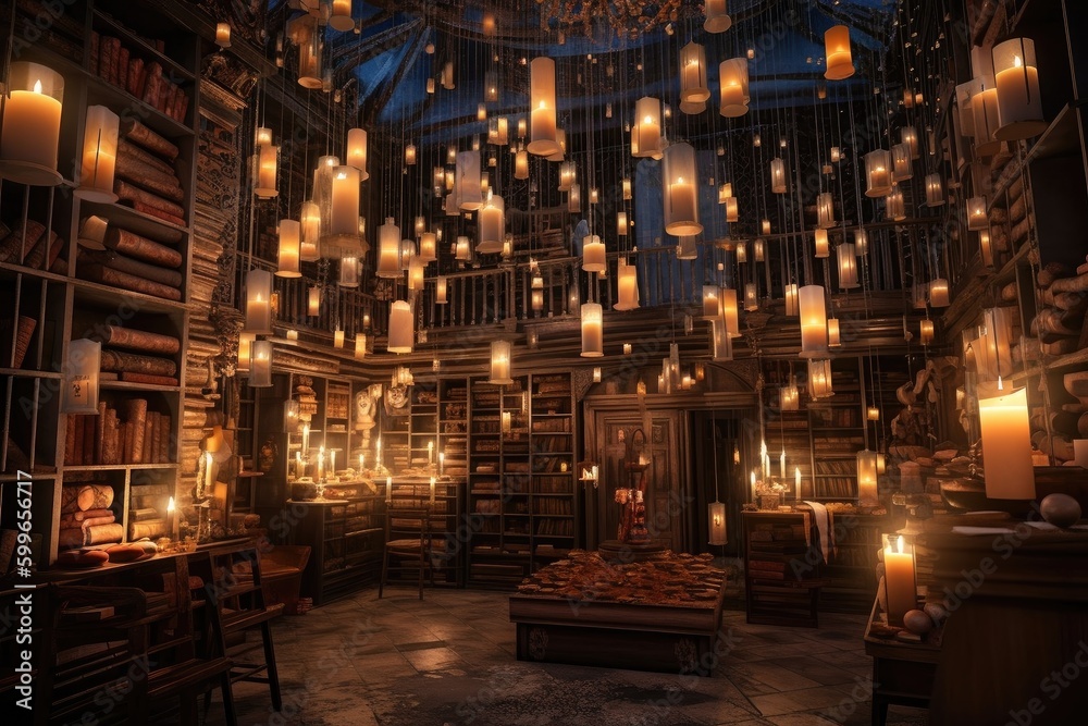 magical library, with floating books and candles, where magic is made, created with generative ai