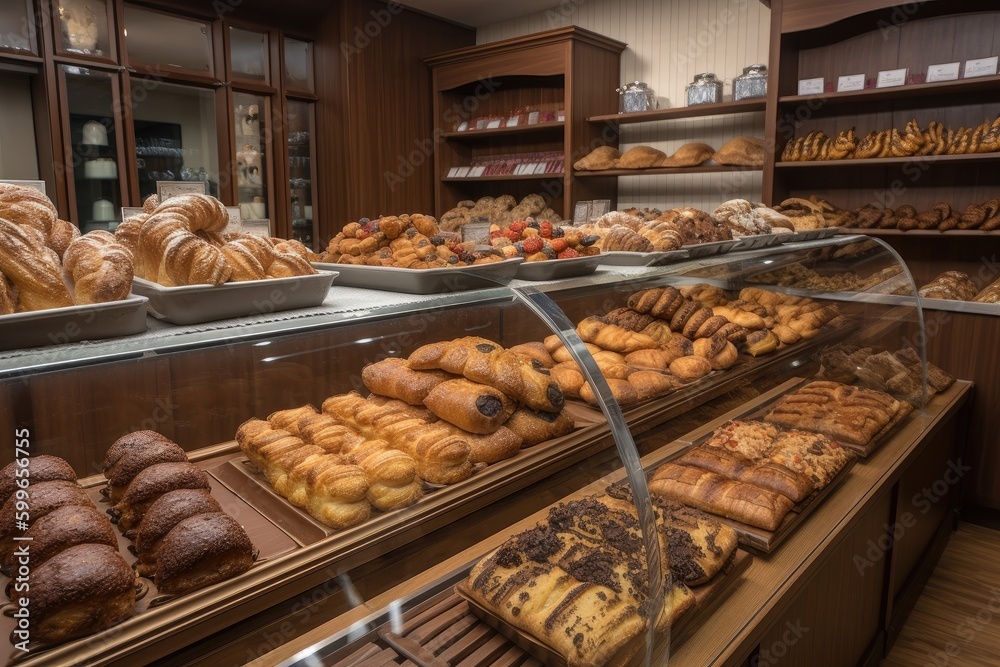 bakery, with display of freshly baked breads and pastries, created with generative ai