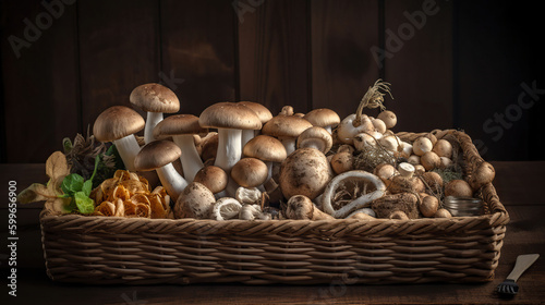 Wicker tray with variety of raw mushrooms on wooden table. AI Generative