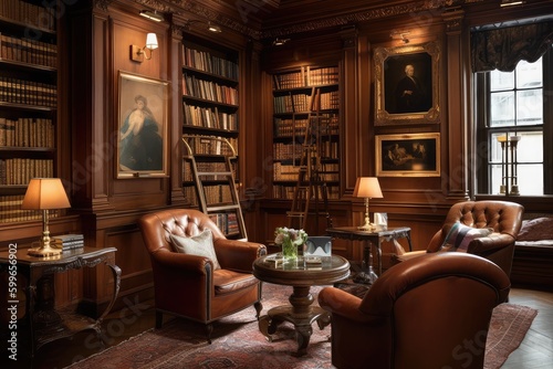 wood-paneled library  filled with books and stately leather armchairs  created with generative ai