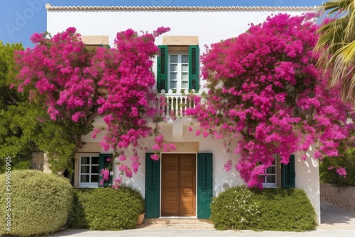 exterior of classic mediterranean house with lush bougainvillea climbing up the walls  created with generative ai
