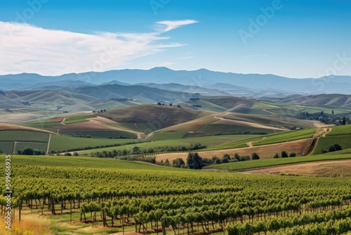 vineyard with rolling hills and distant mountains in the background  created with generative ai
