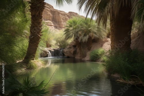 desert oasis with waterfall and greenery visible in the background  created with generative ai