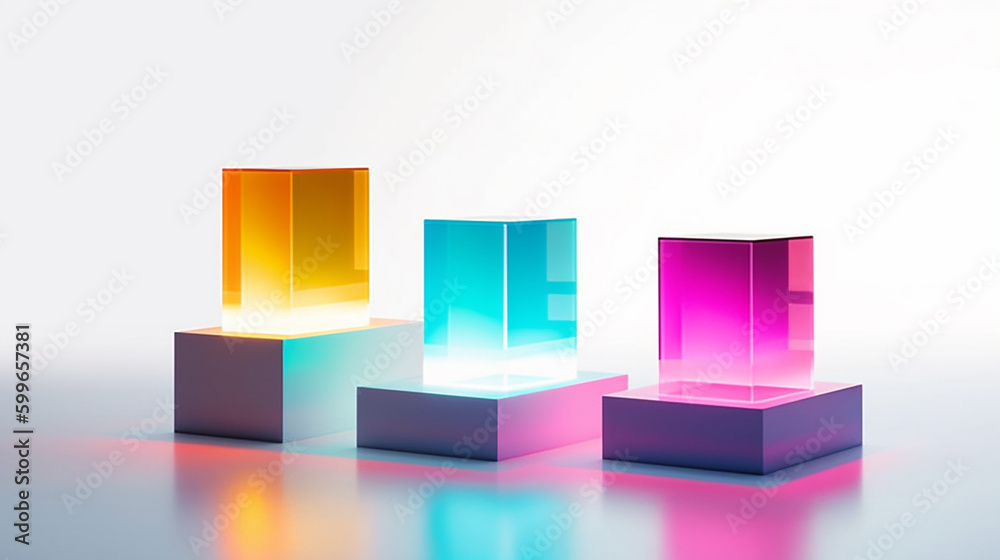 Acrylic Transparent Cubed Podiums with Luminescent Glow for Product Mock-Up and Product Placement on Light White Background - Generative AI Acrylic Transparent Cubed Podiums with Luminescent Glow for Product Mock-Up and Product Placement on Light White Background - Generative AI