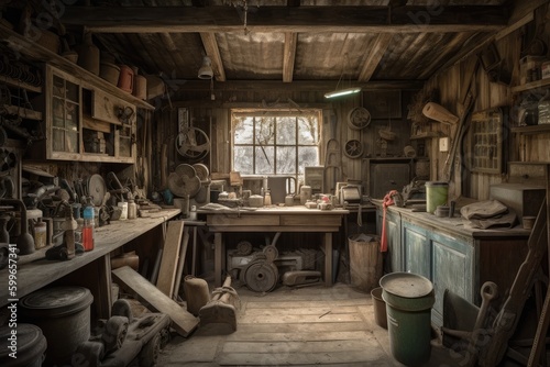 a weathered and worn garage, with vintage tools and furniture in place, created with generative ai © Alfazet Chronicles