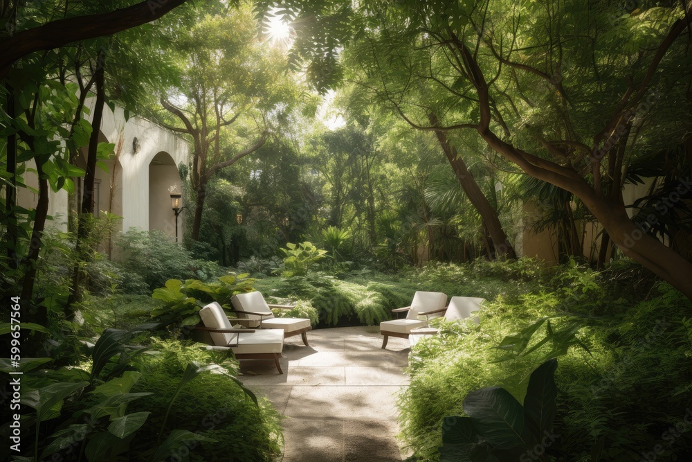 seating area with lounge chairs and a view of the garden, surrounded by lush greenery, created with generative ai seating area with lounge chairs and a view of the garden, surrounded by lush greenery, created with generative ai