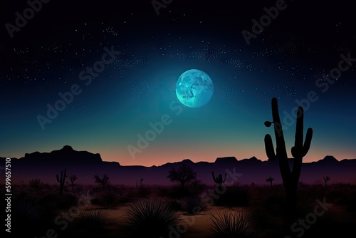 night sky, stars and moon above desert with silhouettes of cacti, created with generative ai