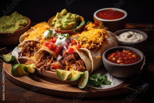 burrito and nachos platter with sizzling fajita meat, spicy salsa, and melted cheese, created with generative ai