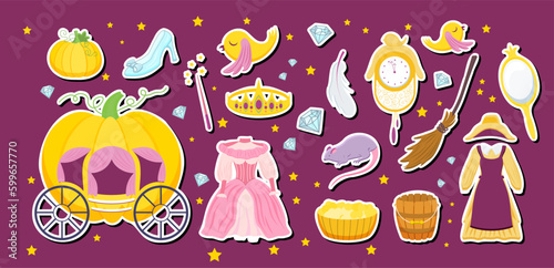 Princess sticker set. Pumpkin Carriage, Magic Mirror, Servant Dress and Princess Dress. Crystal Slipper, Fairy Wand and Tiara.