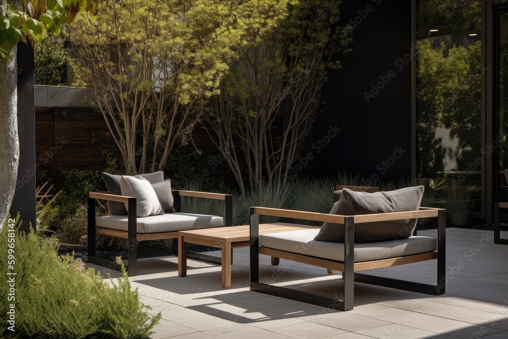 modern outdoor seating area features sleek lounge chairs and a coffee table, created with generative ai